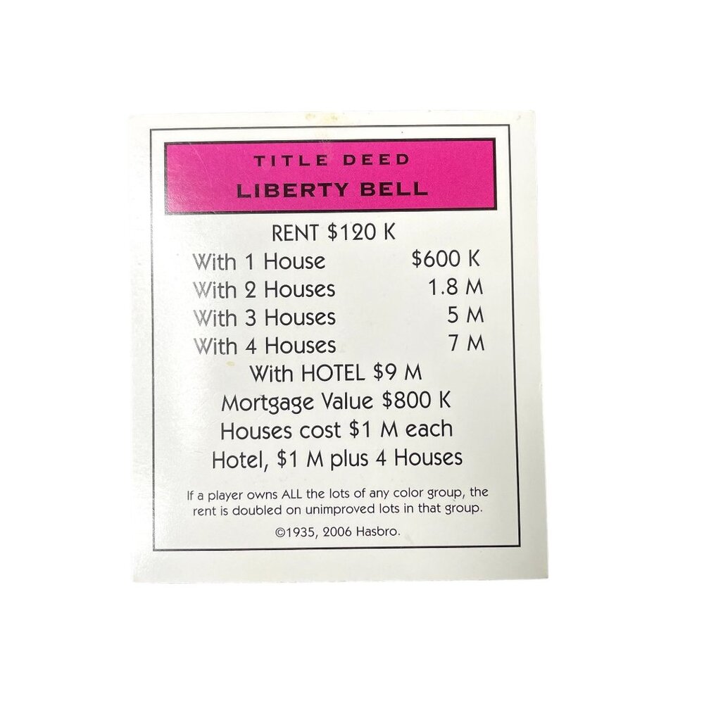 Monopoly Electronic Banking Liberty Bell Property u Title Deed Card Replacement